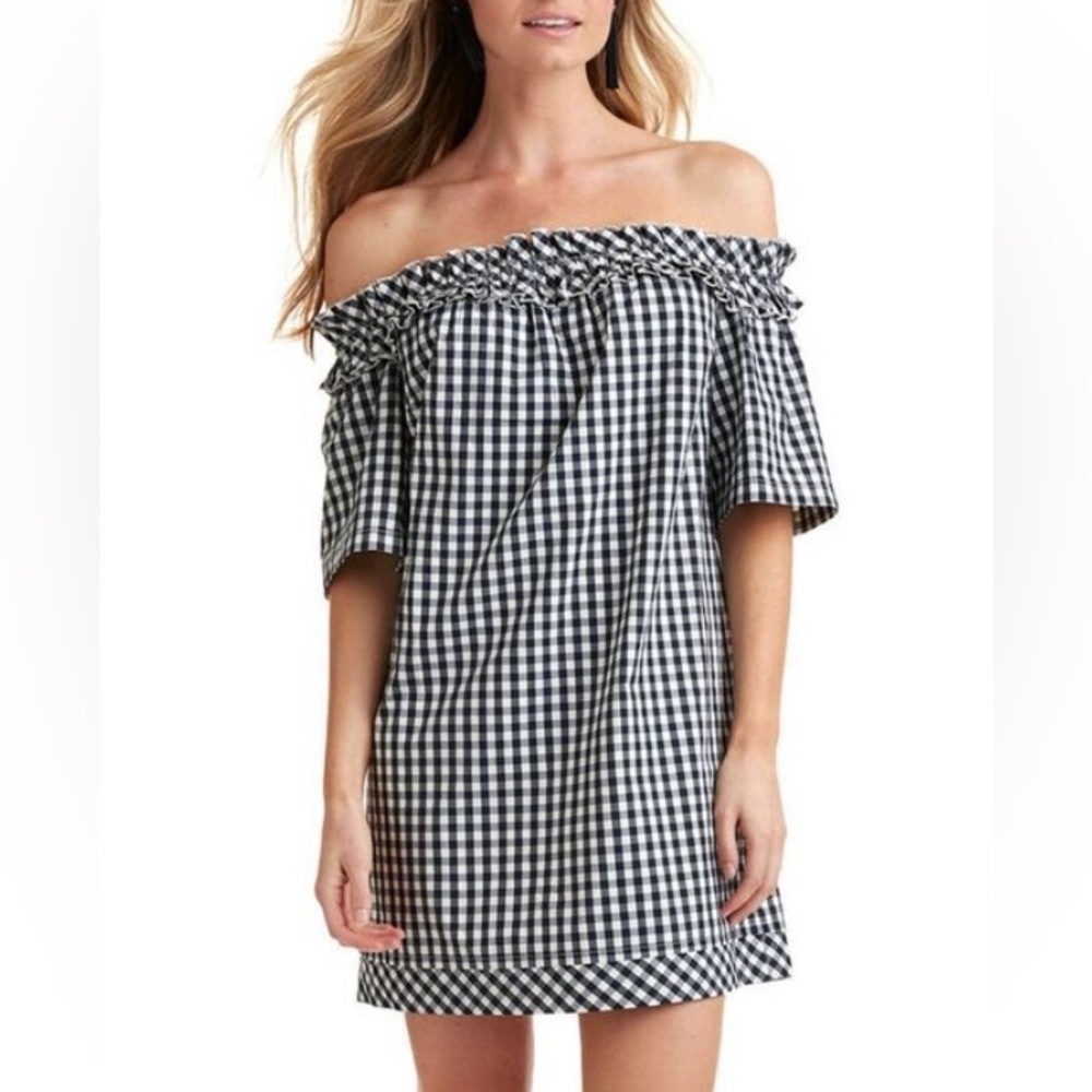 Vineyard Vines Black + White Gingham Off The Shoulder Dress